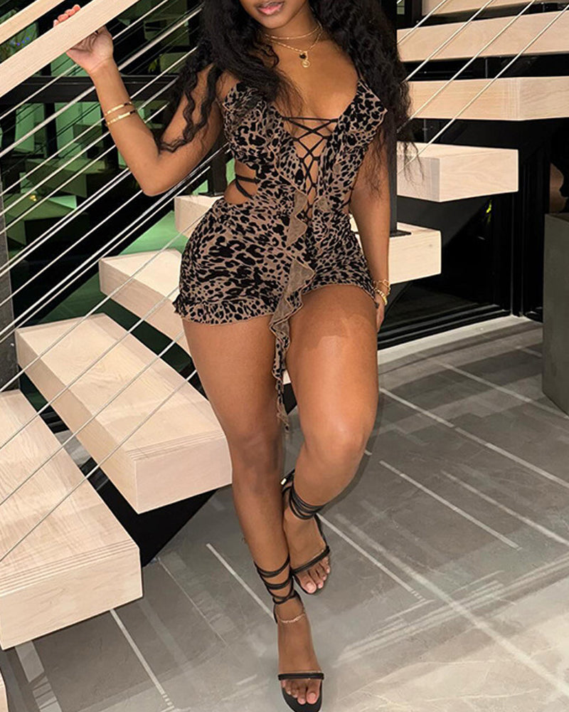 Sexy Leopard Print Low-Cut Hollow Lace-Up Backless Jumpsuit