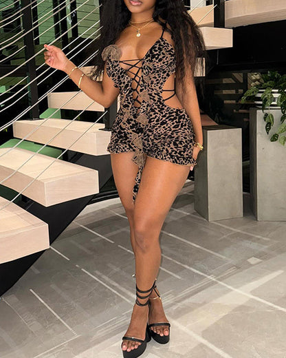 Sexy Leopard Print Low-Cut Hollow Lace-Up Backless Jumpsuit
