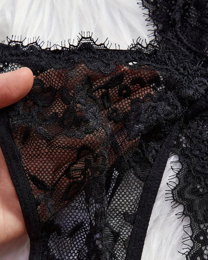 Sexy Bow Decorated Contrast Lace Suspender Nightdress Nightdress and Thong Set