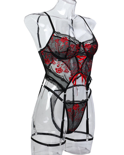 Sexy Flower Embroidered Cross Strap Pajamas Three Piece Set