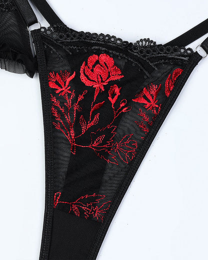Sexy Flower Embroidered Cross Strap Pajamas Three Piece Set
