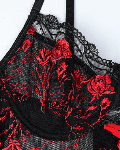 Sexy Flower Embroidered Cross Strap Pajamas Three Piece Set