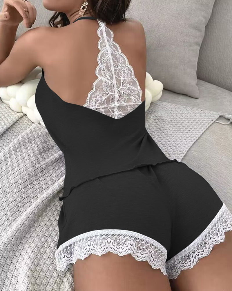 Milk Silk V-neck Suspender Lace Back Colorblock Top and Shorts Pajama Set