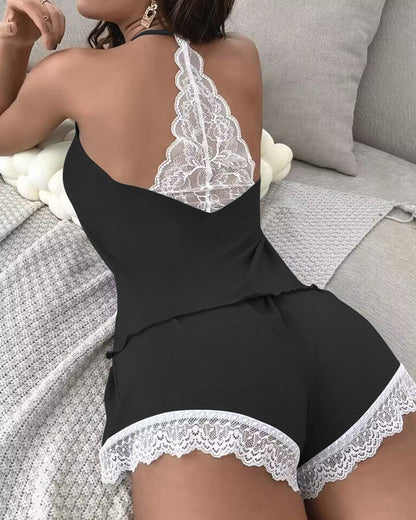 Milk Silk V-neck Suspender Lace Back Colorblock Top and Shorts Pajama Set