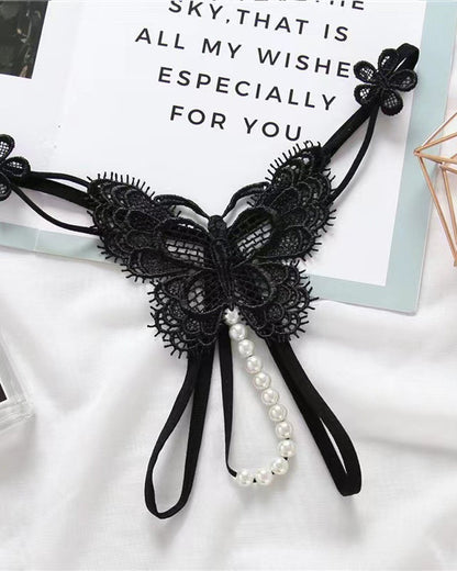 Sexy Lace Embroidery Crotchless Pearl Thong