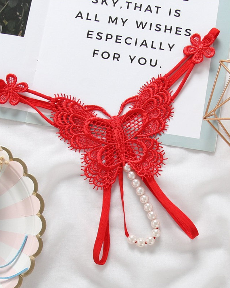 Sexy Lace Embroidery Crotchless Pearl Thong