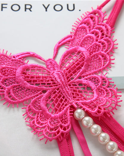 Sexy Lace Embroidery Crotchless Pearl Thong