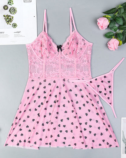 Sexy Lace See-Through Heart Print Camisole Nightdress and Thong Set