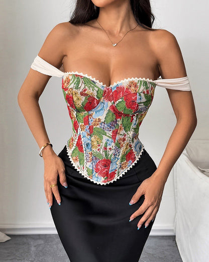 Retro Sexy Jacquard Palace Style Wrapped Chest Herringbone Top