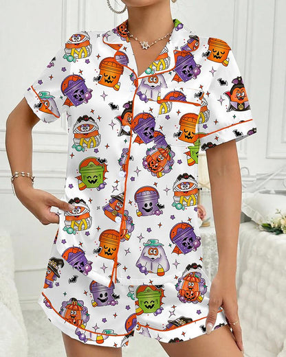 Women's Halloween Printed Casual Short Sleeve Top and Shorts Pajama Set
