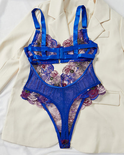 Colorful Flower Embroidery Sexy Lace Underwire Gathered Mesh Bodysuit