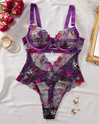 Colorful Flower Embroidery Sexy Lace Underwire Gathered Mesh Bodysuit