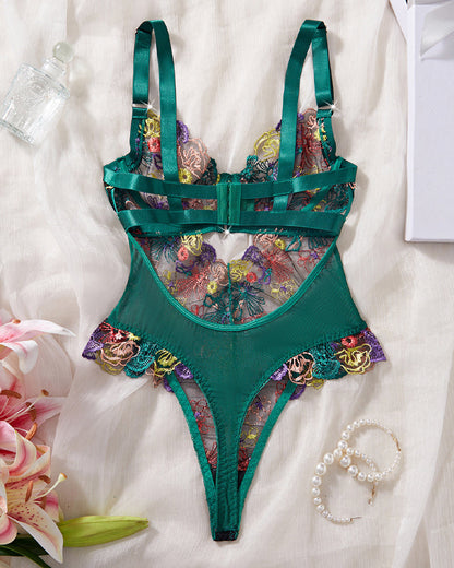 Colorful Flower Embroidery Sexy Lace Underwire Gathered Mesh Bodysuit