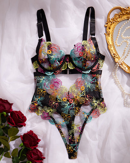 Colorful Flower Embroidery Sexy Lace Underwire Gathered Mesh Bodysuit