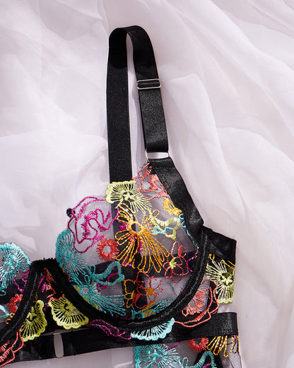 Colorful Flower Embroidery Sexy Lace Underwire Gathered Mesh Bodysuit