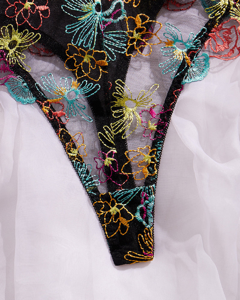 Colorful Flower Embroidery Sexy Lace Underwire Gathered Mesh Bodysuit