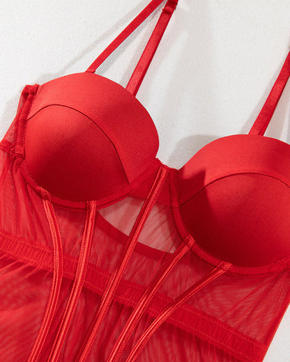 Sexy Mesh Breathable Body Shaping Split Steel Ring Gathered With Leg Ring Suit