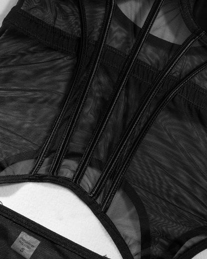 Sexy Mesh Breathable Body Shaping Split Steel Ring Gathered With Leg Ring Suit