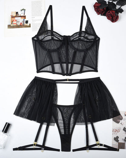 Sexy Mesh See-Through Pajamas Three-Piece Set