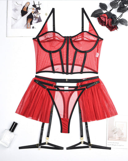 Sexy Mesh See-Through Pajamas Three-Piece Set