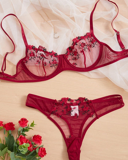 Women's Lace Flower Underwire Sexy Bra Set