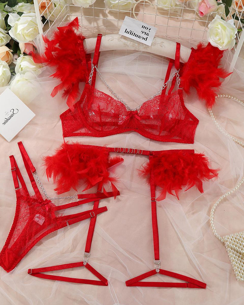 Sexy Lace Metal Chain Feather Embellished Pajama Set