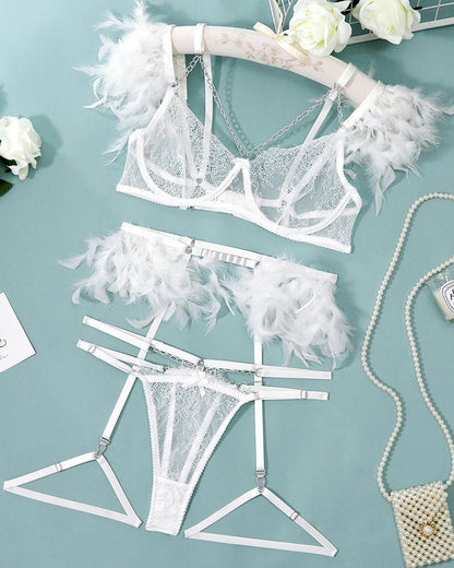 Sexy Lace Metal Chain Feather Embellished Pajama Set