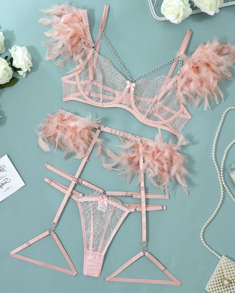 Sexy Lace Metal Chain Feather Embellished Pajama Set
