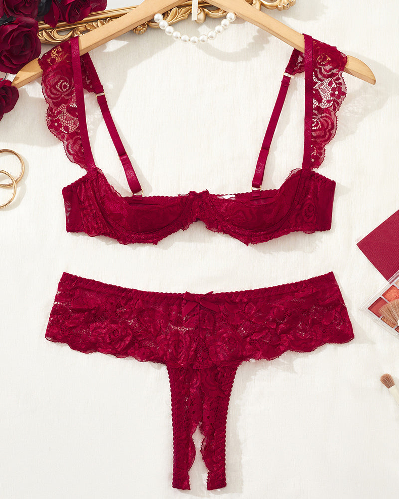 Sexy Lace Mesh Open Crotch Hollow Bra Underwear Set
