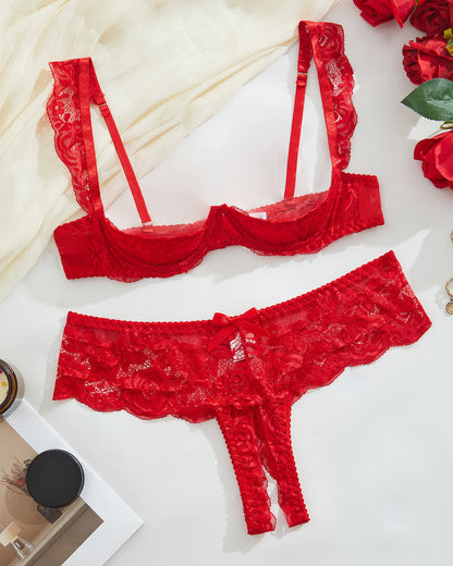 Sexy Lace Mesh Open Crotch Hollow Bra Underwear Set