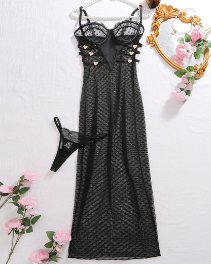 Sexy Lace Long See-Through Suspender Dress Set