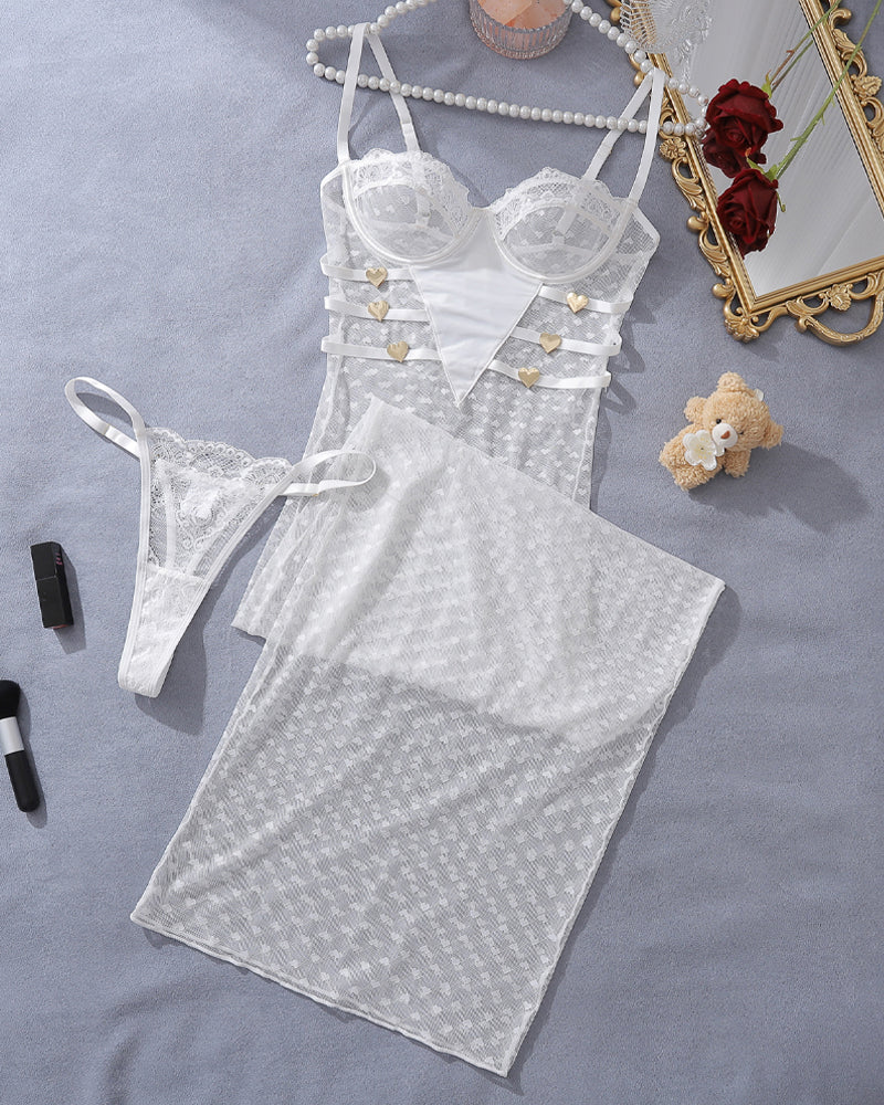 Sexy Lace Long See-Through Suspender Dress Set