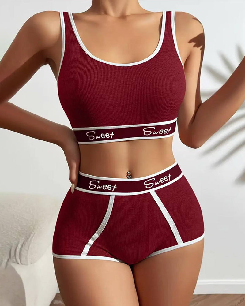Yoga Letter Tape Contrast Bra and Boxer Briefs Casual Sports Set