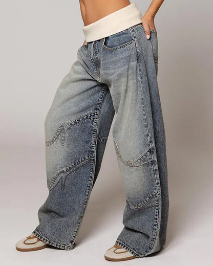 Vintage Knitted Belt Design Loose Washed Jeans