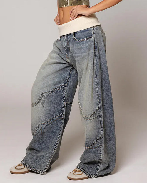 Vintage Knitted Belt Design Loose Washed Jeans