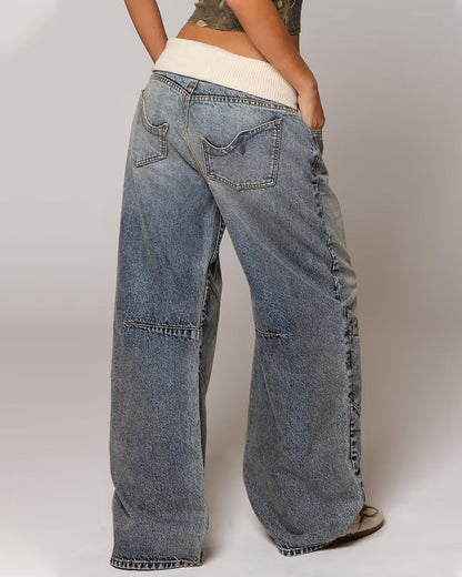 Vintage Knitted Belt Design Loose Washed Jeans