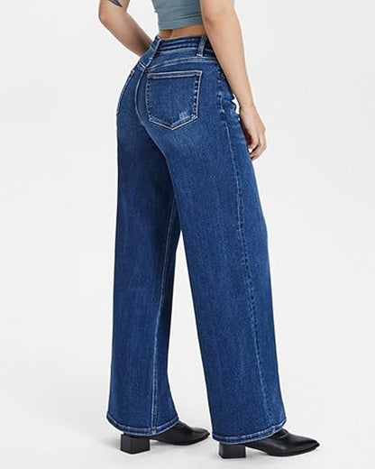 Mid-Rise Loose Stretch Wide-Leg Jeans