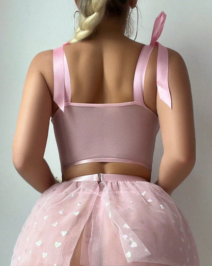 Heart-Shaped Sheer Mesh and 3D Flower Decorative Pajama Set with Fishnet Socks