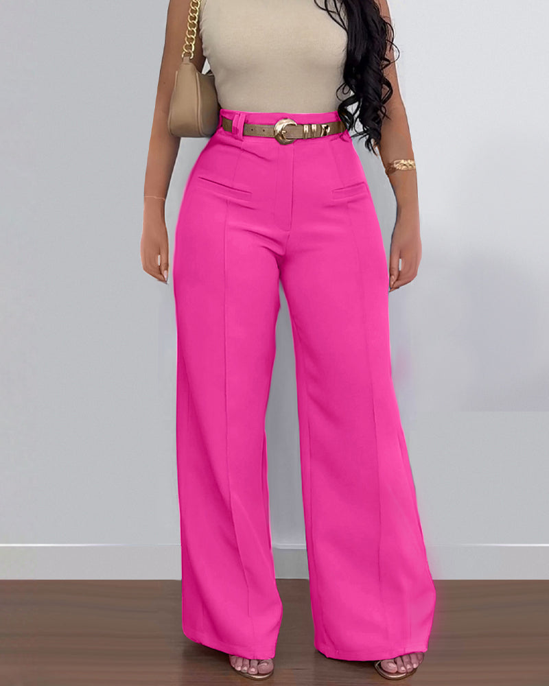 Casual High Waist Solid Color Pocket Wide Leg Pants