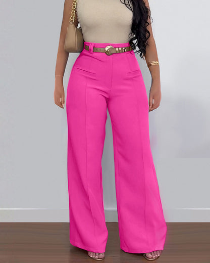 Casual High Waist Solid Color Pocket Wide Leg Pants