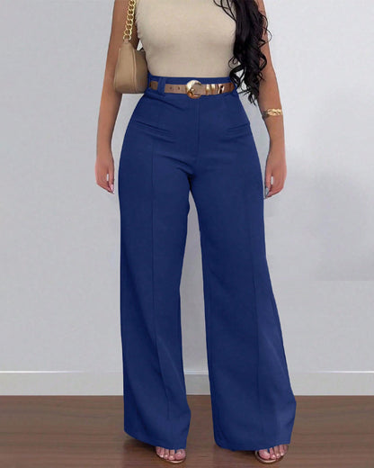 Casual High Waist Solid Color Pocket Wide Leg Pants