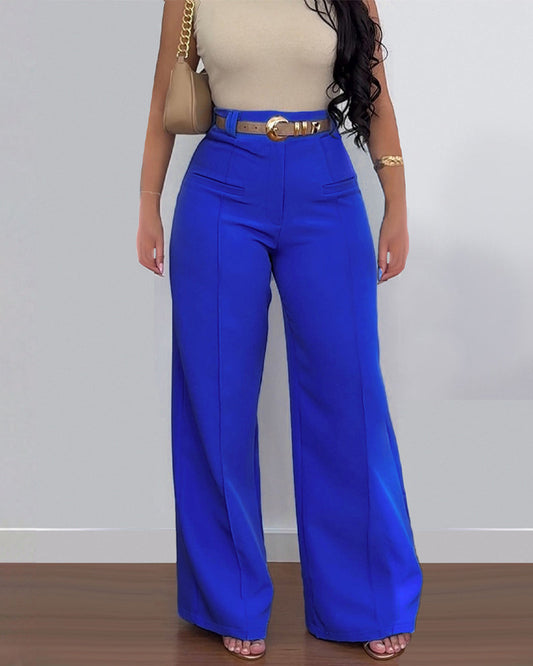 Casual High Waist Solid Color Pocket Wide Leg Pants