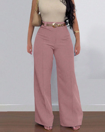 Casual High Waist Solid Color Pocket Wide Leg Pants