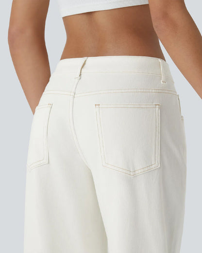 Asymmetric Low-Rise Zipper Pocket Loose Wide-Leg Washed Jeans