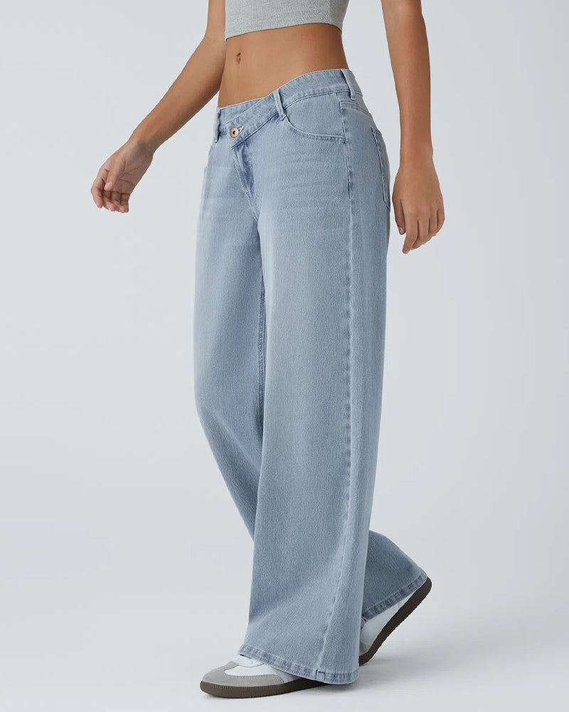 Asymmetric Low-Rise Zipper Pocket Loose Wide-Leg Washed Jeans