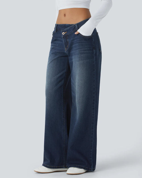 Asymmetric Low-Rise Zipper Pocket Loose Wide-Leg Washed Jeans