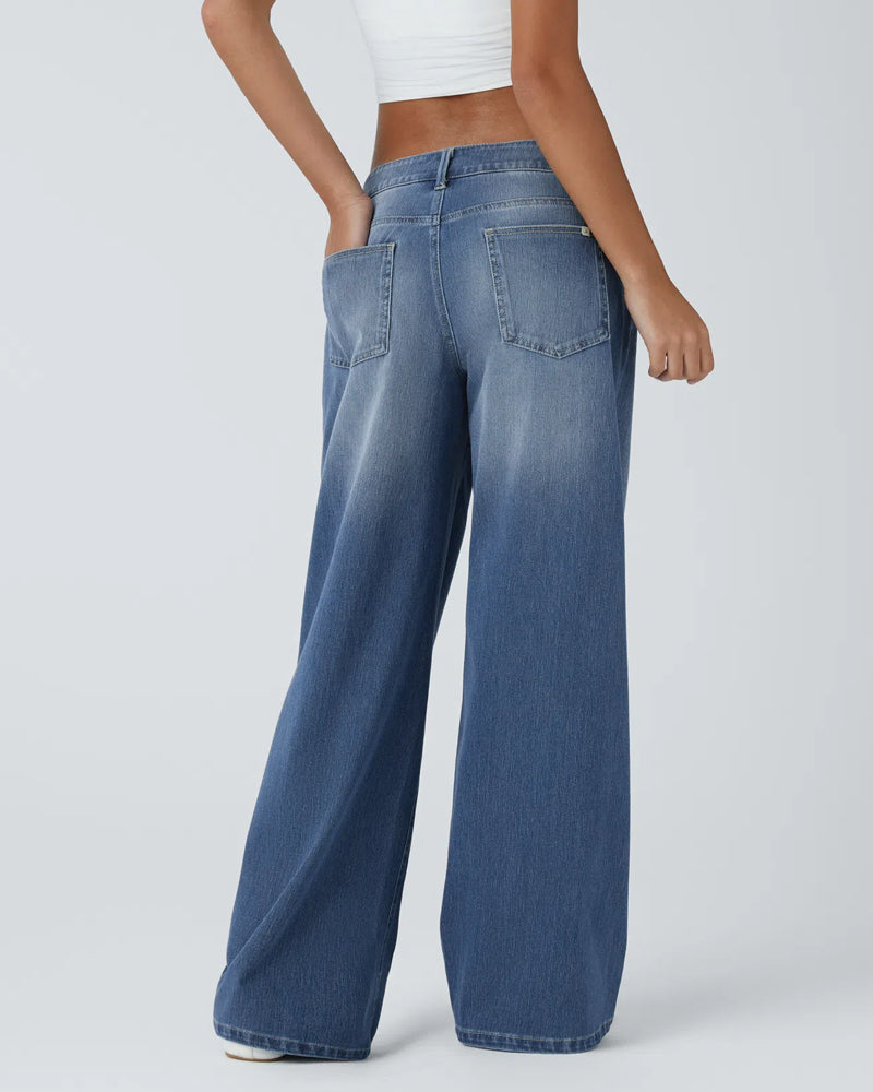 Asymmetric Low-Rise Zipper Pocket Loose Wide-Leg Washed Jeans