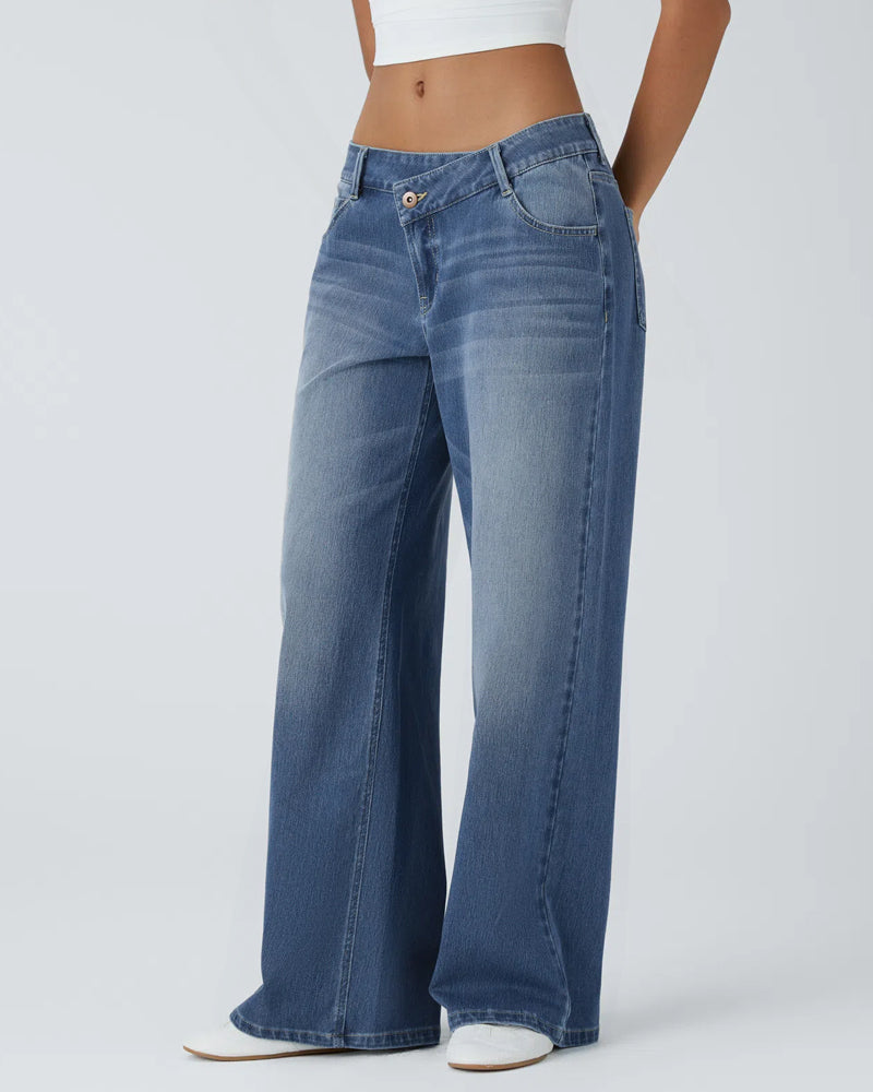 Asymmetric Low-Rise Zipper Pocket Loose Wide-Leg Washed Jeans