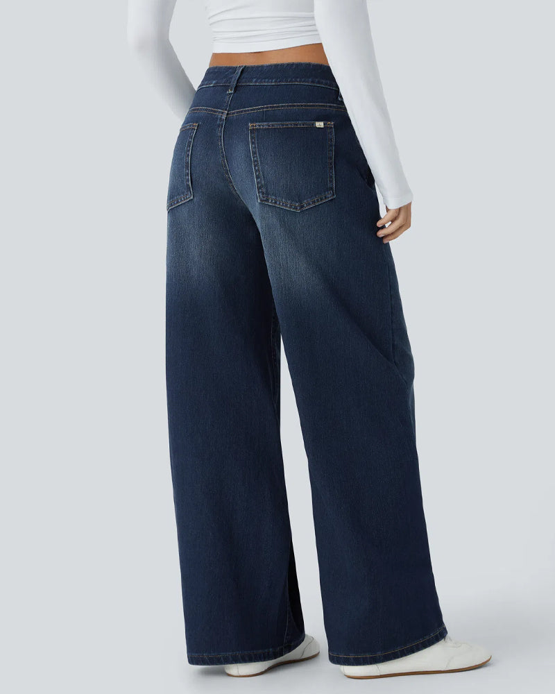 Asymmetric Low-Rise Zipper Pocket Loose Wide-Leg Washed Jeans