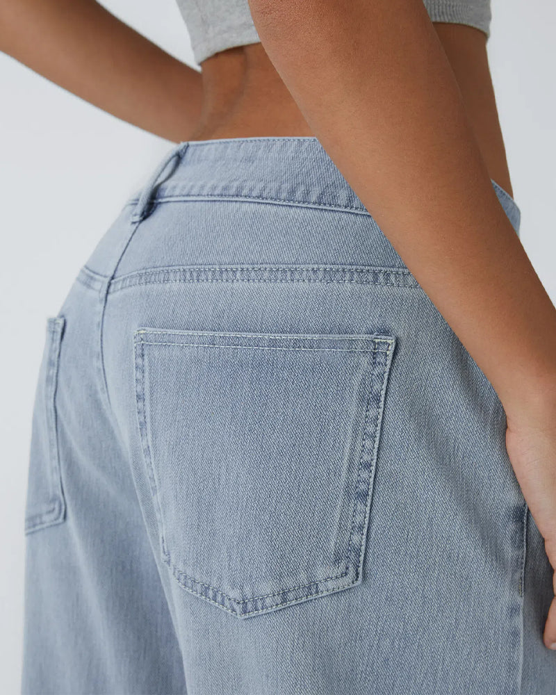 Asymmetric Low-Rise Zipper Pocket Loose Wide-Leg Washed Jeans